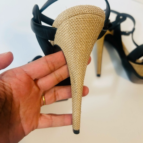 Saint Laurent Tribute Platform Sandals Black Leather Raffia EU 39.5 Authentic - Picture 9 of 14